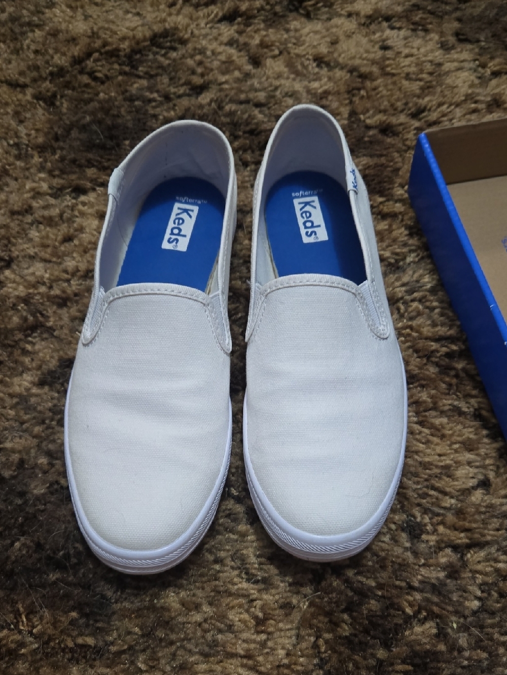 Keds White Canvas Slip-On Shoes with Blue Insole